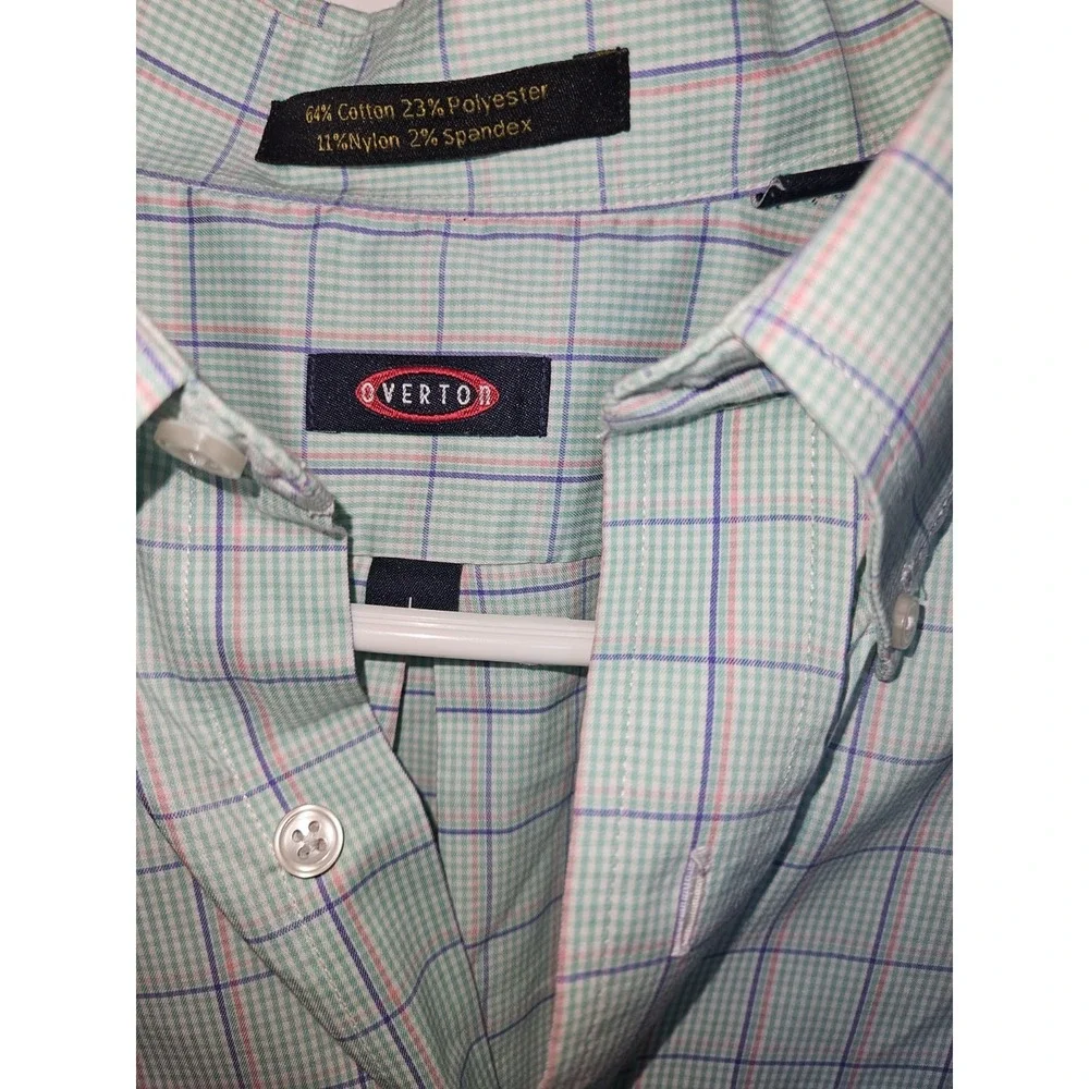 Overton Mens Blue Green Pink Check  Light Performance Button Down L Sunmer EXC‎